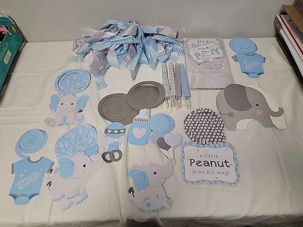"It's A Boy" Elephant Baby Checked Solid Shower Decor - SOME PIECES USED